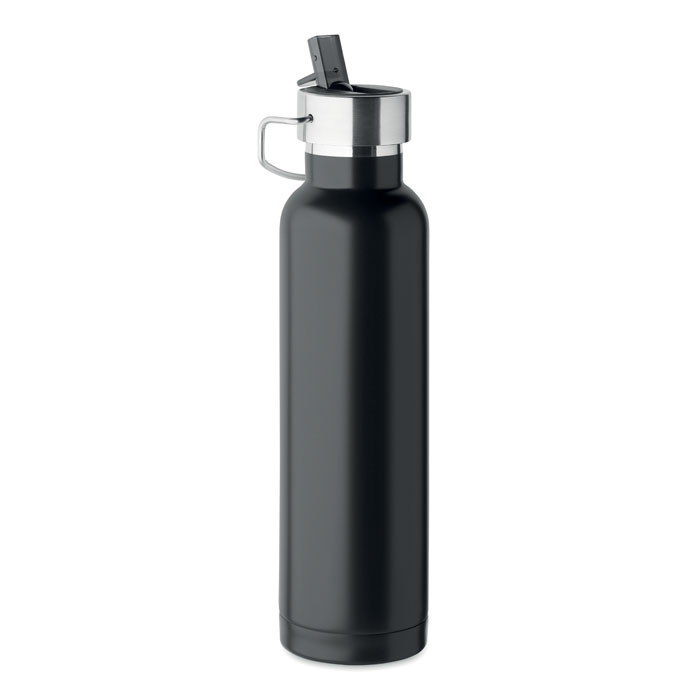 Bottiglia isolante doppio strato in acciaio inox riciclato (90% acciaio inox riciclato e 10% acciaio inox) con cannuccia incorporata e coperchio con manico — gadget promozionale personalizzabile con il tuo logo