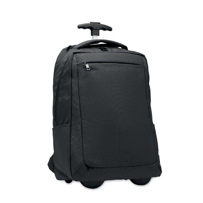 Zaino per laptop con ruote in poliestere 600D RPET — gadget promozionale personalizzabile con il tuo logo