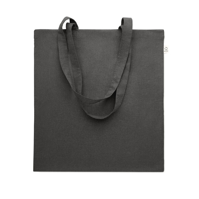 Shopper in cotone riciclato post-consumo (70% cotone riciclato e 30% RPET) con manici lunghi — gadget promozionale personalizzabile con il tuo logo