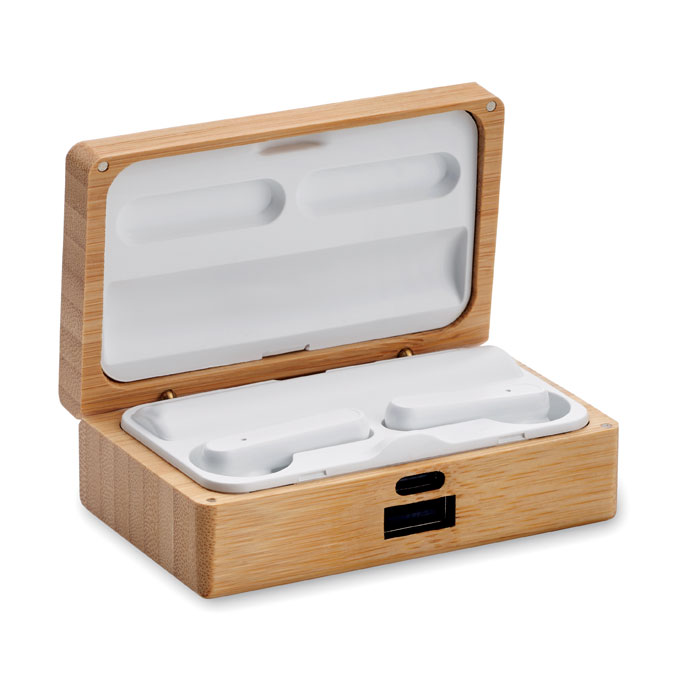 Auricolari TWS con microfono in una custodia di bamboo — gadget promozionale personalizzabile con il tuo logo