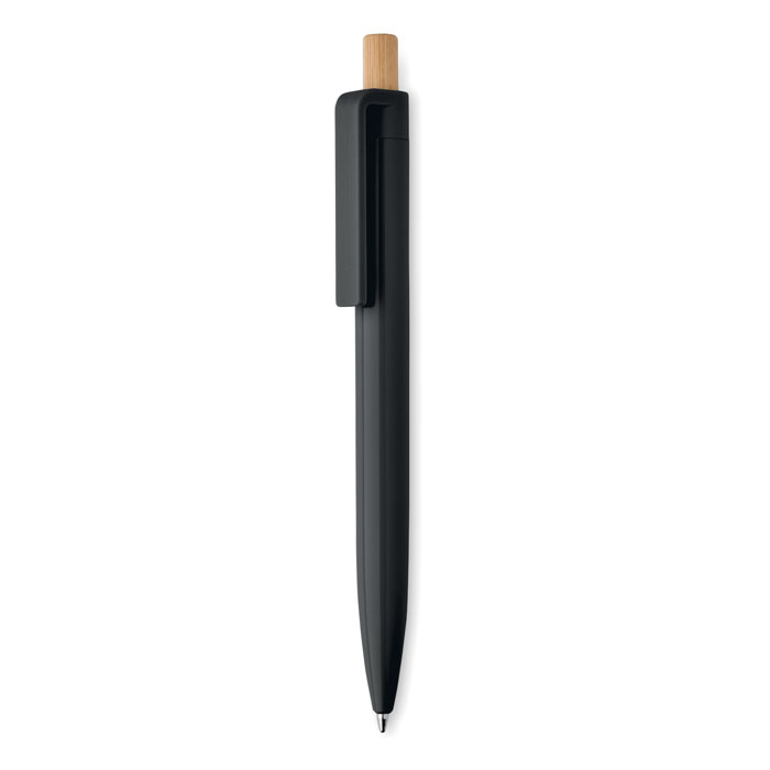 Penna a sfera a pulsante in ABS riciclato con pulsante in bamboo — gadget promozionale personalizzabile con il tuo logo