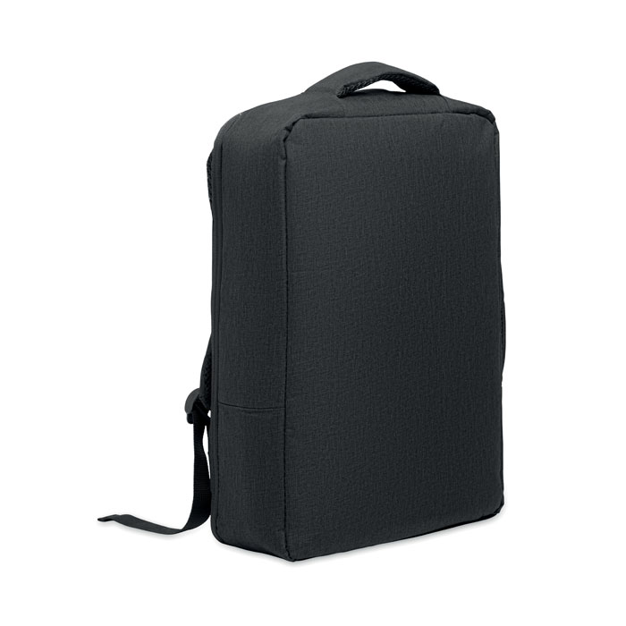 Zaino sottile per laptop da 15 pollici in 300D RPET con apertura a 180° e fodera in 210D RPET — gadget promozionale personalizzabile con il tuo logo