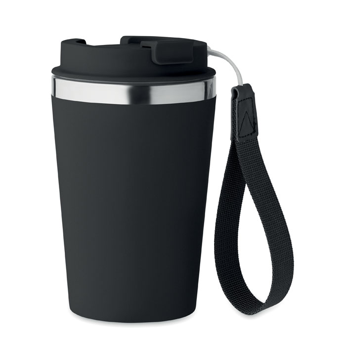 Bicchiere a doppio strato in acciaio inox riciclato (90% acciaio inox riciclato e 10% acciaio inox) con strato esterno in PP e cinturino in RPET — gadget promozionale personalizzabile con il tuo logo