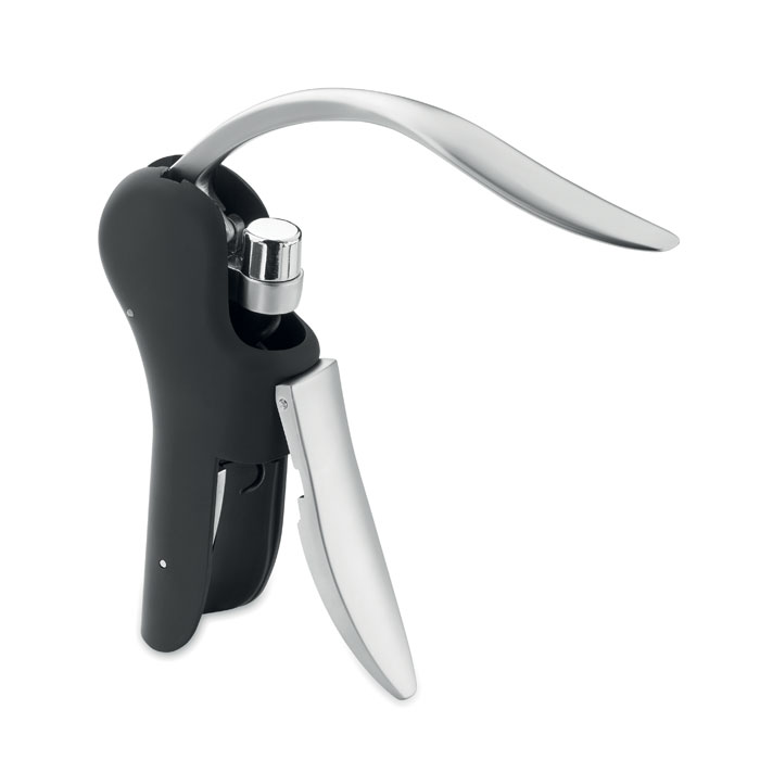 Cavatappi manuale a leva in ABS e finitura gommata — gadget promozionale personalizzabile con il tuo logo