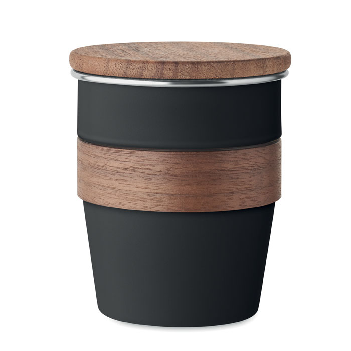 Bicchiere monostrato in acciaio inox riciclato (90% acciaio inox riciclato e 10% acciaio inox) con impugnatura e coperchio wallnut — gadget promozionale personalizzabile con il tuo logo