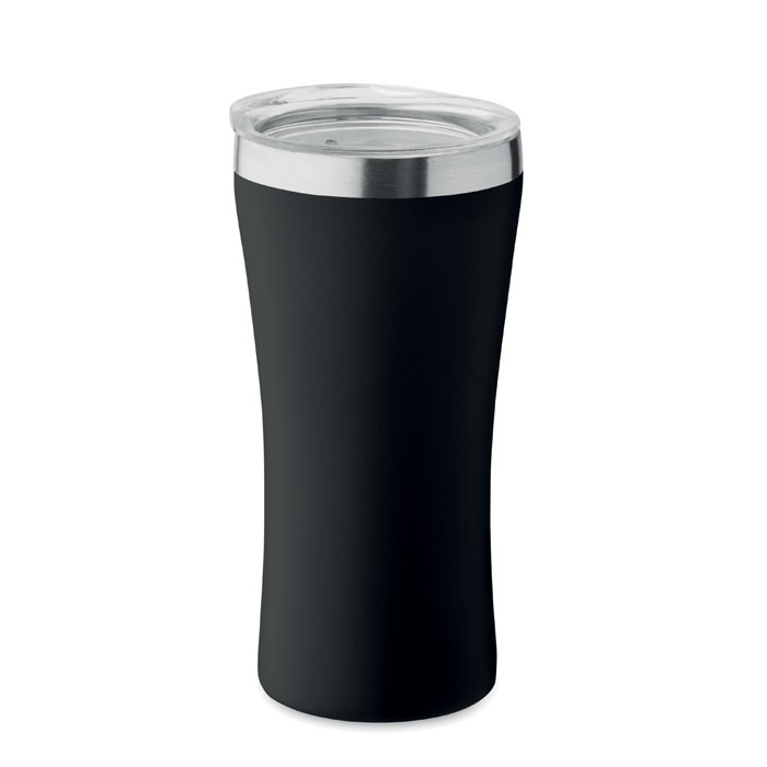 Piccolo bicchiere isolato sottovuoto a doppio strato in acciaio inox riciclato (90% acciaio inox riciclato e 10% acciaio inox) con coperchio con foro per bere in PP trasparente — gadget promozionale personalizzabile con il tuo logo