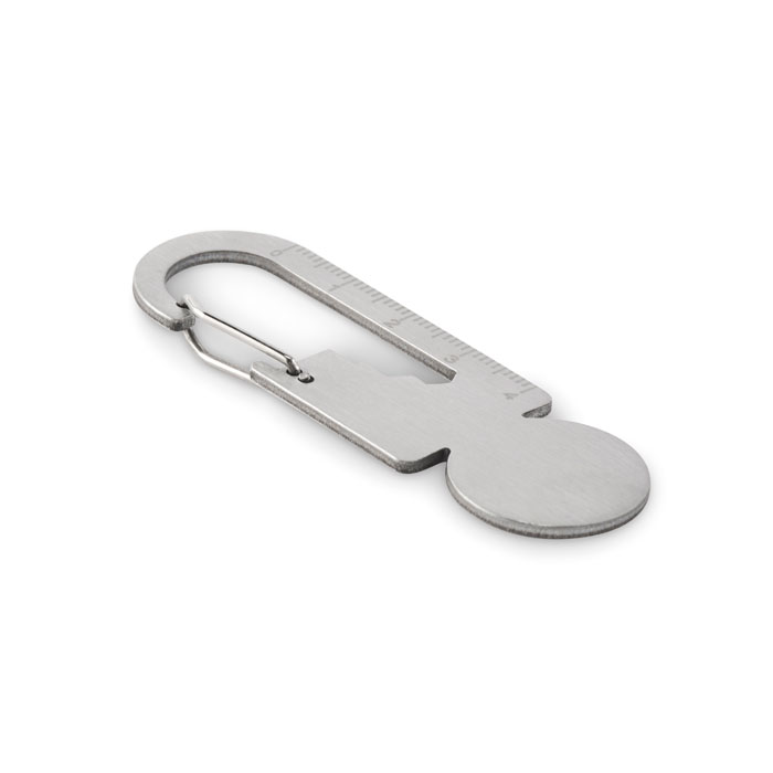 Portachiavi con gettone in acciaio inossidabile riciclato con strumento multifunzione che include apribottiglie, righello e chiave esagonale (M1/M2/M3/M4) — gadget promozionale personalizzabile con il tuo logo