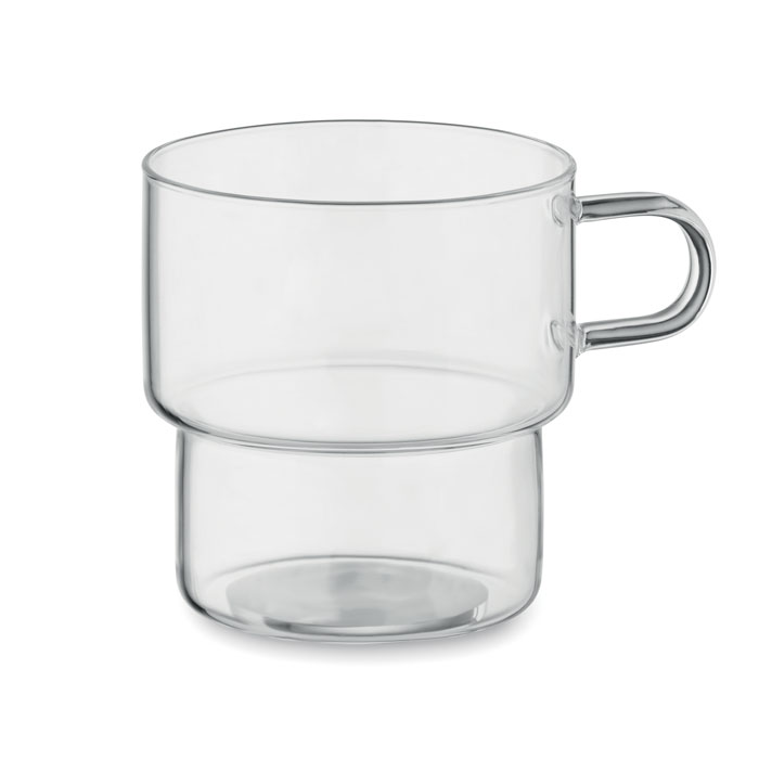 Tazza impilabile in vetro borosilicato — gadget promozionale personalizzabile con il tuo logo