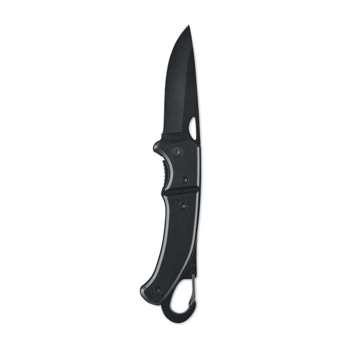 Coltello pieghevole in alluminio con moschettone — gadget promozionale personalizzabile con il tuo logo