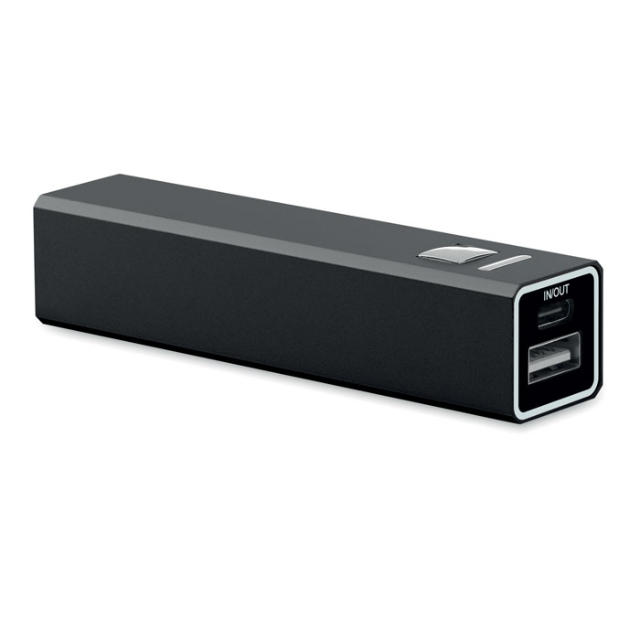 Power bank 2600 mAh in custodia di alluminio riciclato — gadget promozionale personalizzabile con il tuo logo