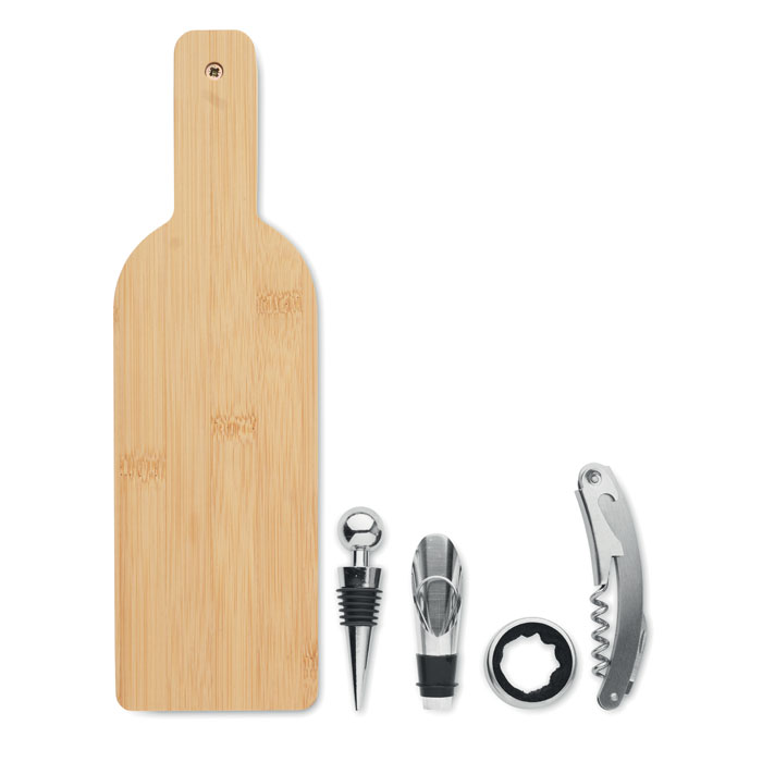 Set da vino a forma di bottiglia in custodia di bambù — gadget promozionale personalizzabile con il tuo logo
