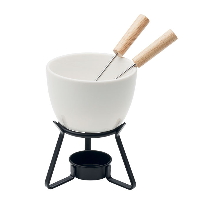 Piccolo set da fonduta in ceramica per due — gadget promozionale personalizzabile con il tuo logo