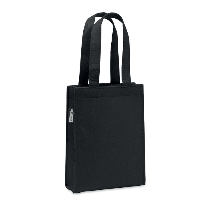 Piccola borsa regalo in feltro RPET con manici corti e soffietti sul fondo — gadget promozionale personalizzabile con il tuo logo