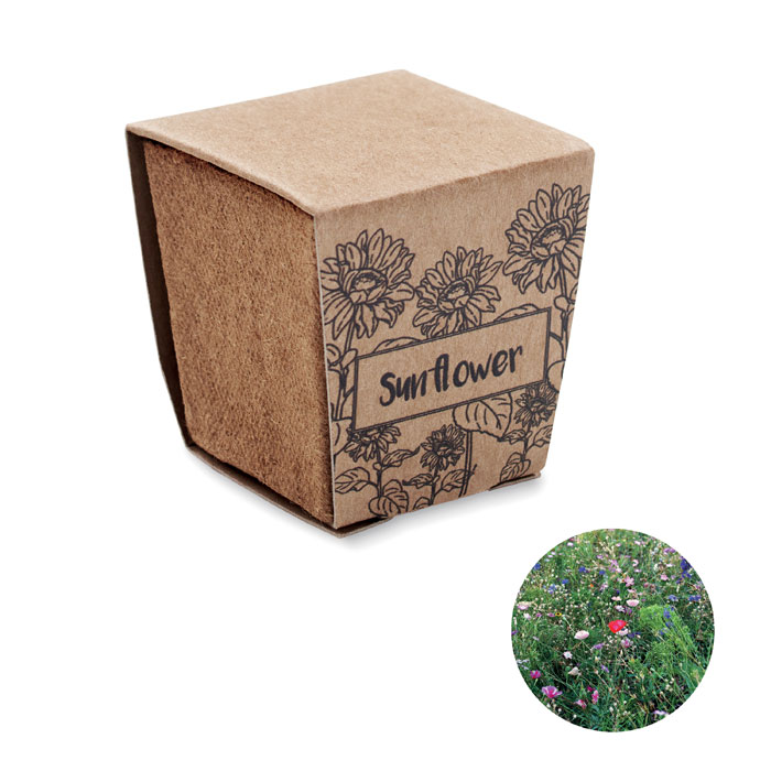 Vaso di torba biodegradabile con semi di girasole (Helianthus debilis) — gadget promozionale personalizzabile con il tuo logo