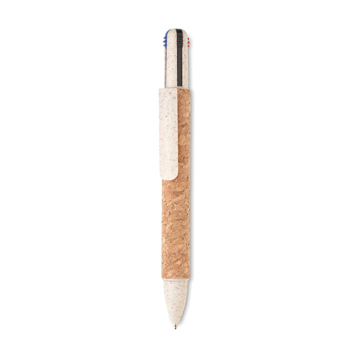 Penna a sfera a inchiostro a 4 colori con fusto in sughero e finiture in paglia di grano (50%) e plastica ABS (50%) — Ufficio e scrittura personalizzabile con il tuo logo