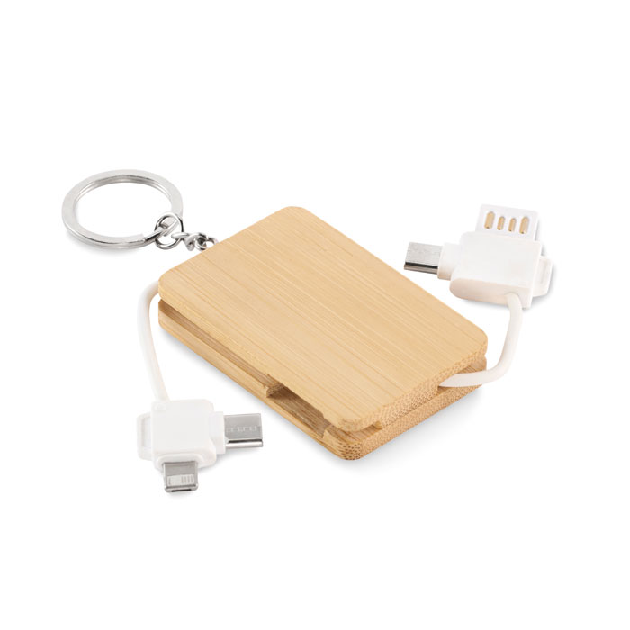 Cavo di ricarica con portachiavi con copertura in bambù — gadget promozionale personalizzabile con il tuo logo