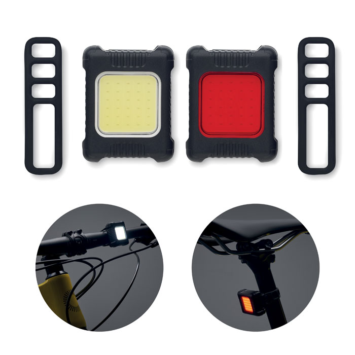 Set di 2 luci COB ricaricabili per bicicletta con 3 modalità di illuminazione — gadget promozionale personalizzabile con il tuo logo