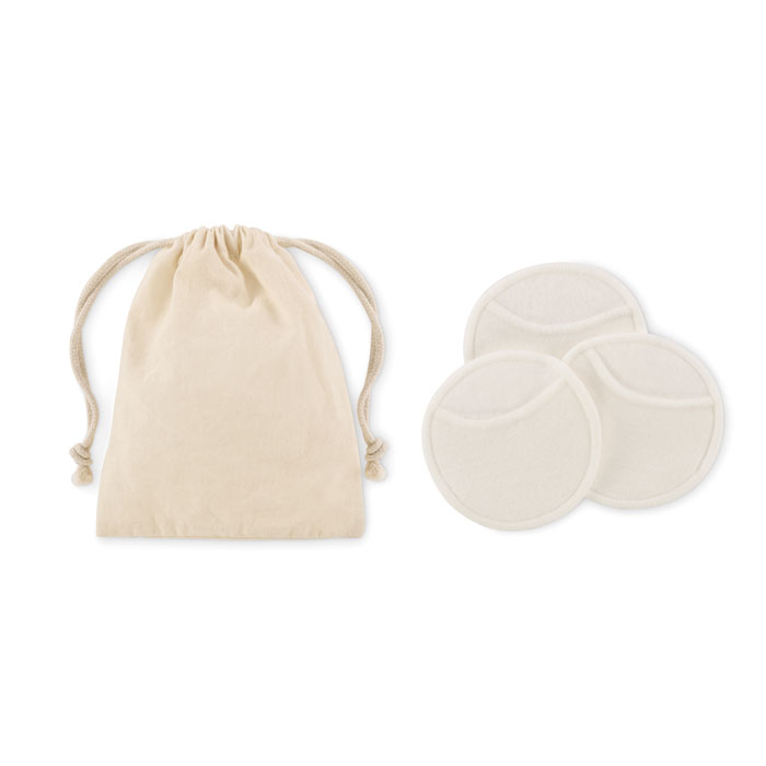 3 pezzi di morbidi dischetti per la pulizia del viso riutilizzabili e lavabili (diametro 8 cm) in fibra di bamboo al 70% e cotone al 30% in un sacchetto di cotone — gadget promozionale personalizzabile con il tuo logo