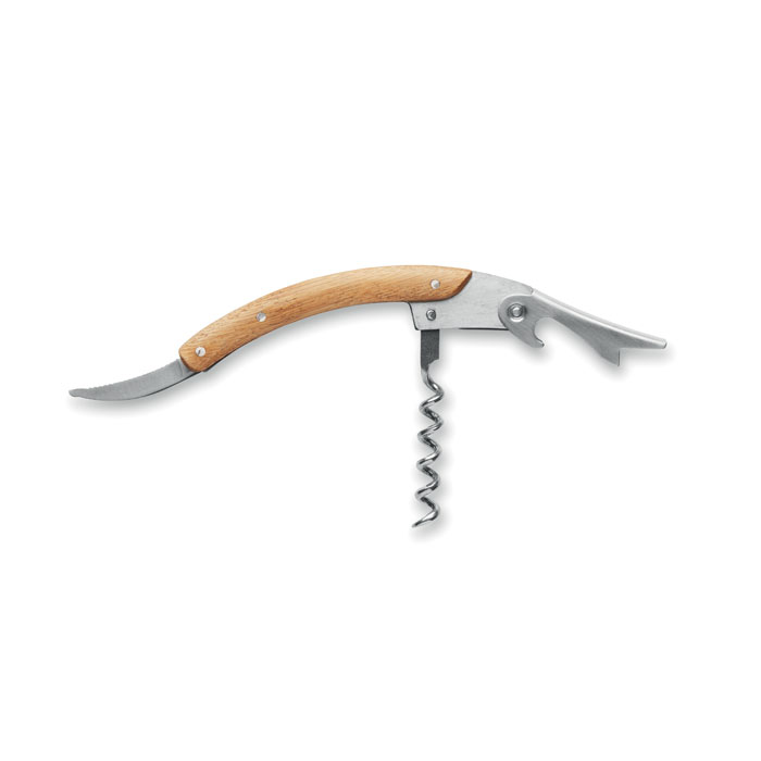 Coltello da cameriere originale in acciaio inossidabile con doppio cavatappi e superficie in bamboo — Casa e cucina personalizzabile con il tuo logo