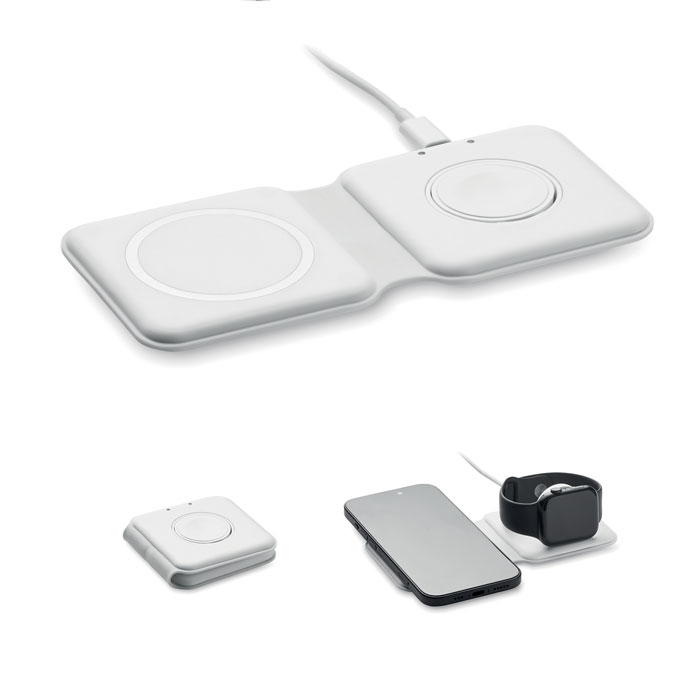 Stazione di ricarica 2 in 1 pieghevole in ABS — gadget promozionale personalizzabile con il tuo logo