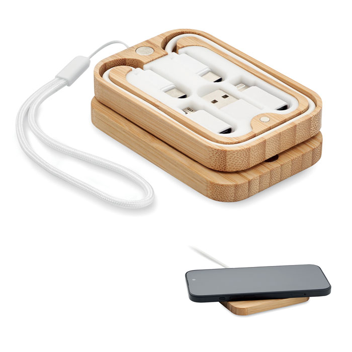 Caricatore wireless da 15W con cavo di ricarica 3-in-1 con connettori assortiti — gadget promozionale personalizzabile con il tuo logo