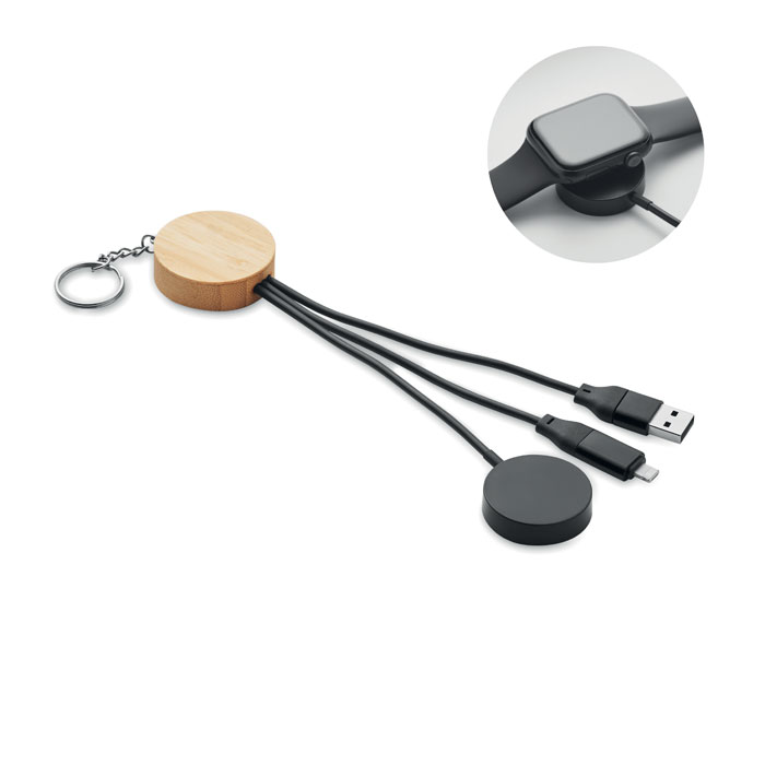Portachiavi 4 in 1 cavo di ricarica 60W con dettagli in bamboo — gadget promozionale personalizzabile con il tuo logo
