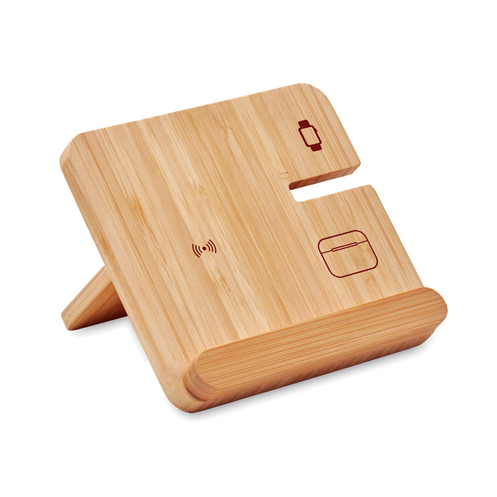 Stazione di ricarica 3 in 1 pieghevole con custodia in bamboo e supporto per telefono — Tecnologia personalizzabile con il tuo logo