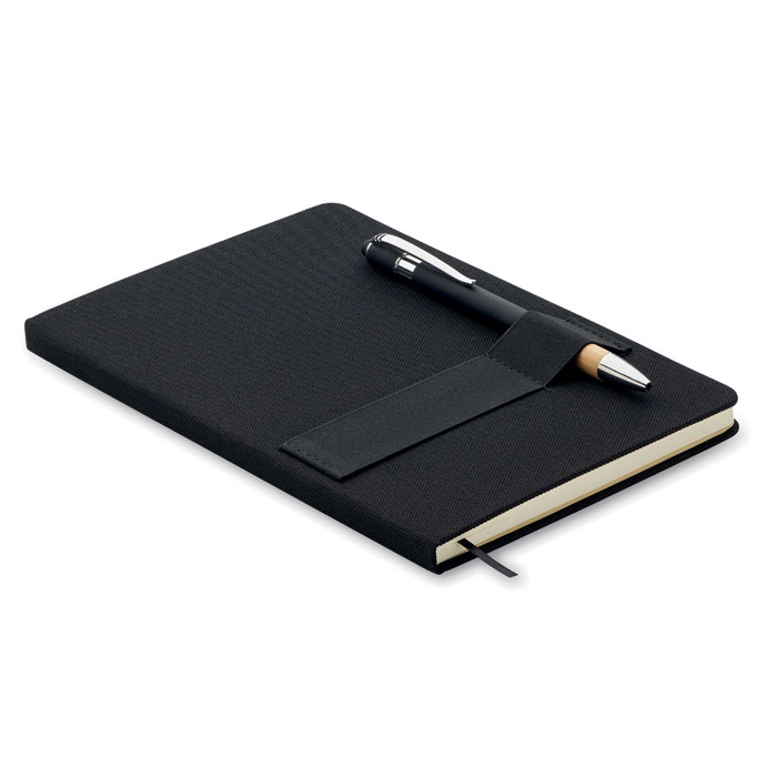 Notebook A5 RPET con penna — gadget promozionale personalizzabile con il tuo logo