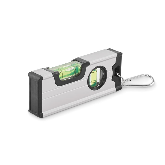 Mini livella magnetica doppia con custodia in alluminio e moschettone — gadget promozionale personalizzabile con il tuo logo
