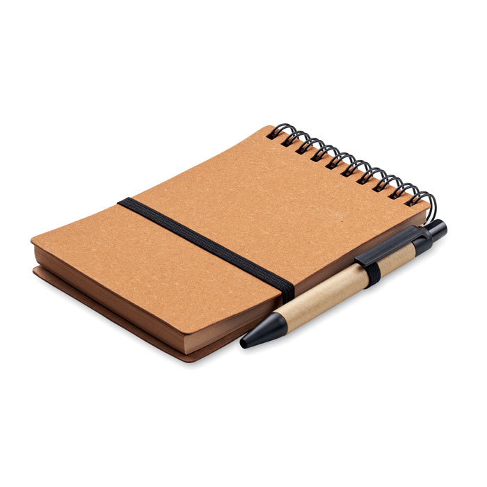 Notebook riciclato con penna a sfe — gadget promozionale personalizzabile con il tuo logo