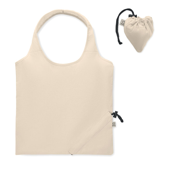 Shopper pieghevole in cotone riciclato pre-consumo (70% cotone riciclato e 30% RPET) — gadget promozionale personalizzabile con il tuo logo