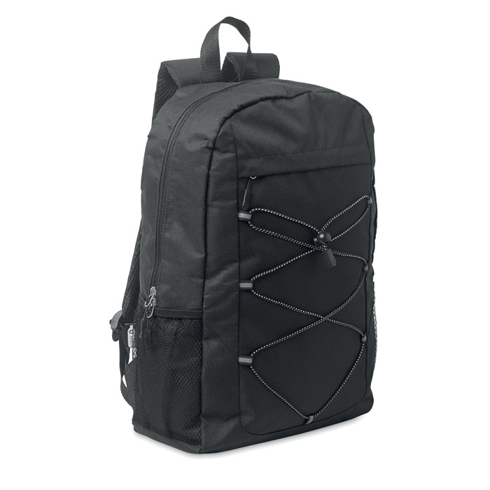 Zaino in poliestere 600D RPET con cordino decorativo e pannello frontale con cerniera — gadget promozionale personalizzabile con il tuo logo