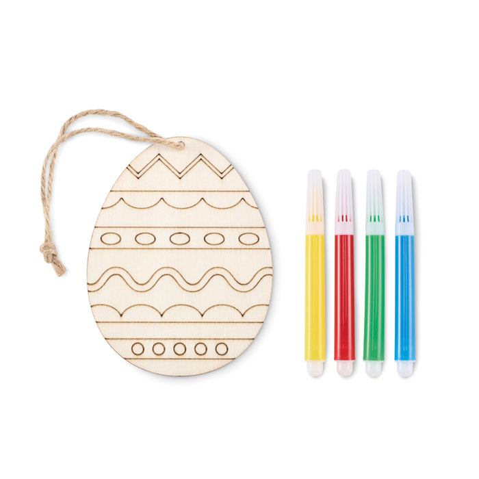 Set per dipingere le uova in legno con 4 pennarelli e cordoncino di iuta — gadget promozionale personalizzabile con il tuo logo