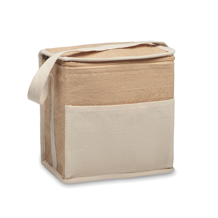 Borsa frigo in iuta con tracolla in cotone e tasca frontale per bottiglie da 6x0 ,5 L — gadget promozionale personalizzabile con il tuo logo