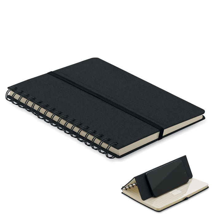 Notebook A5 con copertina rigida in RPET 600D con funzione di supporto per smartphone — gadget promozionale personalizzabile con il tuo logo
