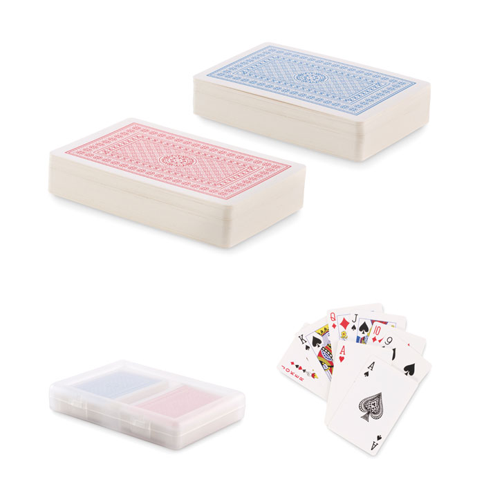 Set di 2 mazzi di carte da gioco classiche in custodia in PP riciclato — gadget promozionale personalizzabile con il tuo logo