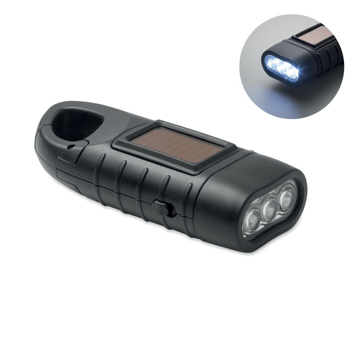 Torcia solare con manovella a dina — gadget promozionale personalizzabile con il tuo logo