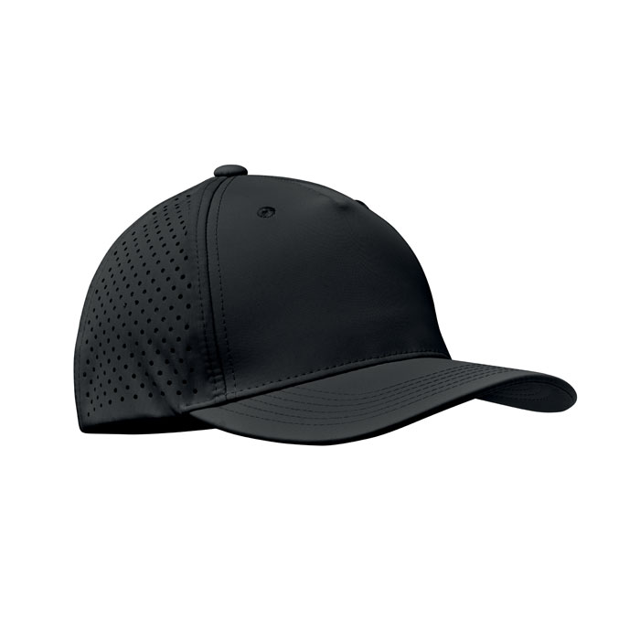 Cappellino a 5 pannelli in poliestere ad alte prestazioni con chiusura a gancio e anello regolabile e fori perforati al laser con 2 occhielli cuciti in tinta — gadget promozionale personalizzabile con il tuo logo