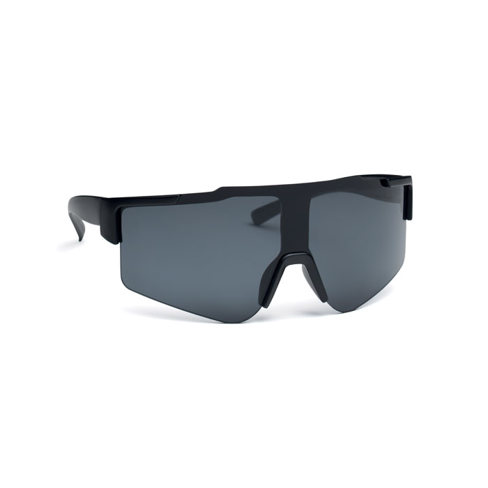 Occhiali da sole sportivi con lenti specchiate e montatura nera — gadget promozionale personalizzabile con il tuo logo