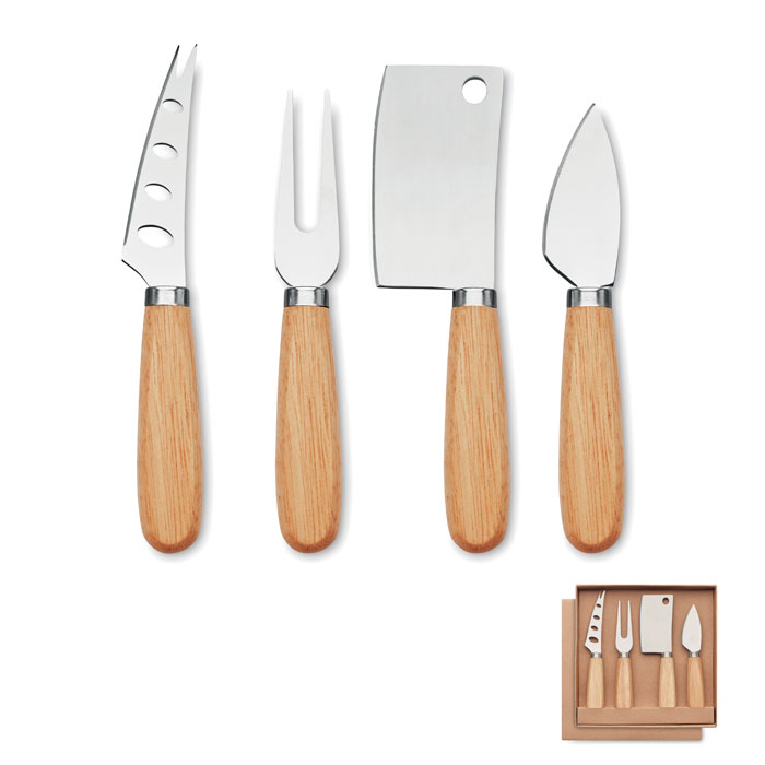 Set di 3 coltelli da formaggio e 1 forchetta in acciaio inossidabile e con manico in legno di gomma — gadget promozionale personalizzabile con il tuo logo