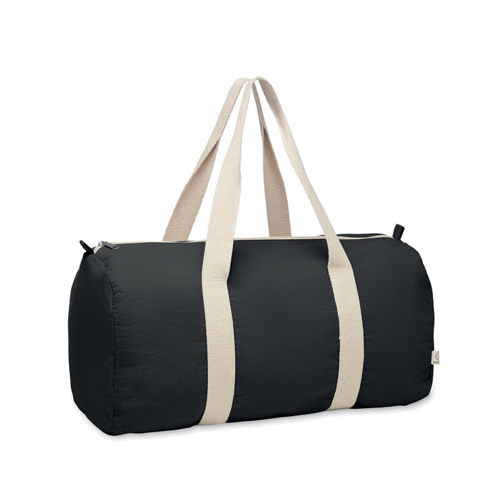 Borsone, borsa sportiva o da viaggio con scomparto laterale con cerniera e tasca interna con cerniera in cotone riciclato (80%) e poliestere riciclato (20%) da 320 gr/m² con manici lunghi — gadget promozionale personalizzabile con il tuo logo