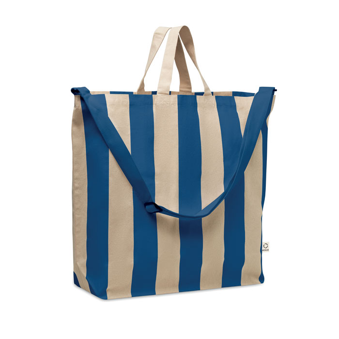 Borsa da spiaggia extra large a righe in cotone riciclato (80%) e poliestere riciclato (20%) da 280 gr/m² con tasca interna — gadget promozionale personalizzabile con il tuo logo
