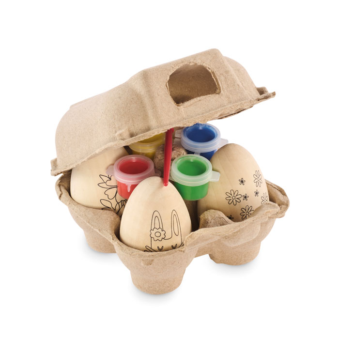 4 uova di Pasqua in legno con 4 pigmenti a base d'acqua e 1 pennello in una scatola di cartone — gadget promozionale personalizzabile con il tuo logo