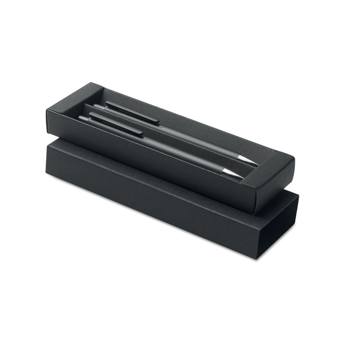 Set di penne in alluminio riciclato con 1 penna a sfera e 1 penna a inchiostro di grafite — gadget promozionale personalizzabile con il tuo logo