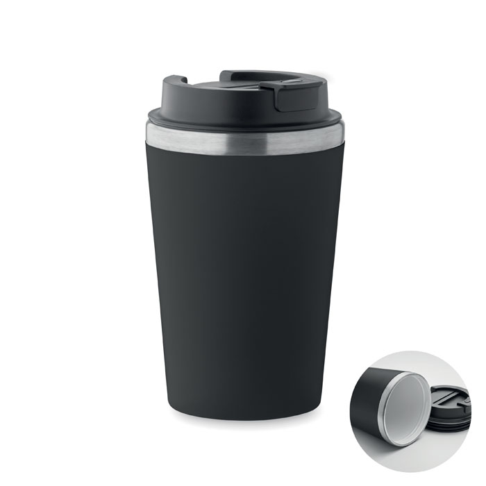 Bicchiere a doppio strato in PP con parete interna in acciaio inox riciclato (90% acciaio inox riciclato e 10% acciaio inox) e rivestimento interno in ceramica — gadget promozionale personalizzabile con il tuo logo
