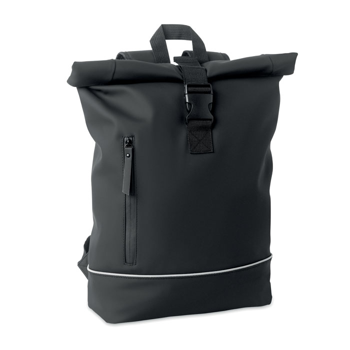 Zaino rolltop per laptop da 15 pollici in morbido PU con schienale imbottito e rinforzo alla base con striscia riflettente — gadget promozionale personalizzabile con il tuo logo