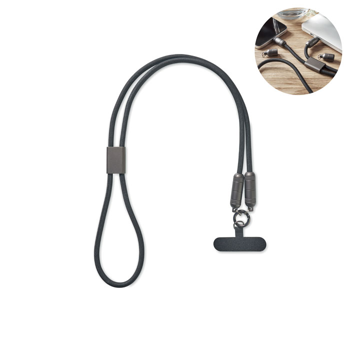Cavo di ricarica da 60W con cordino da tipo-C a tipo-C in RPET con supporto per il cavo del telefono — gadget promozionale personalizzabile con il tuo logo