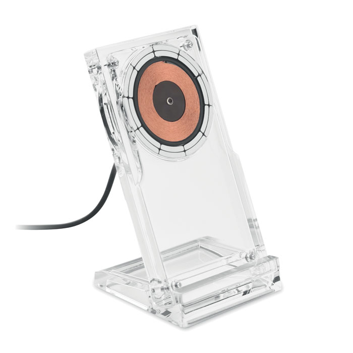 Caricatore wireless (15W) in acrilico con supporto per telefono — gadget promozionale personalizzabile con il tuo logo