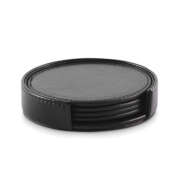 Set di 4 sottobicchieri in PU con supporto in PU — gadget promozionale personalizzabile con il tuo logo