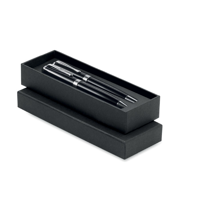 Set di penna a sfera e roller con fusto in acciaio inossidabile riciclato — gadget promozionale personalizzabile con il tuo logo